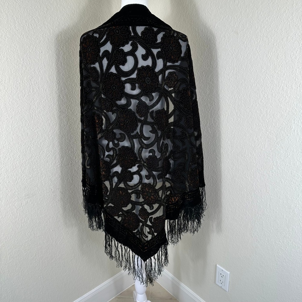 VTG Burnout Velvet Shawl Women OS Black Bronze Floral Fringe Wrap